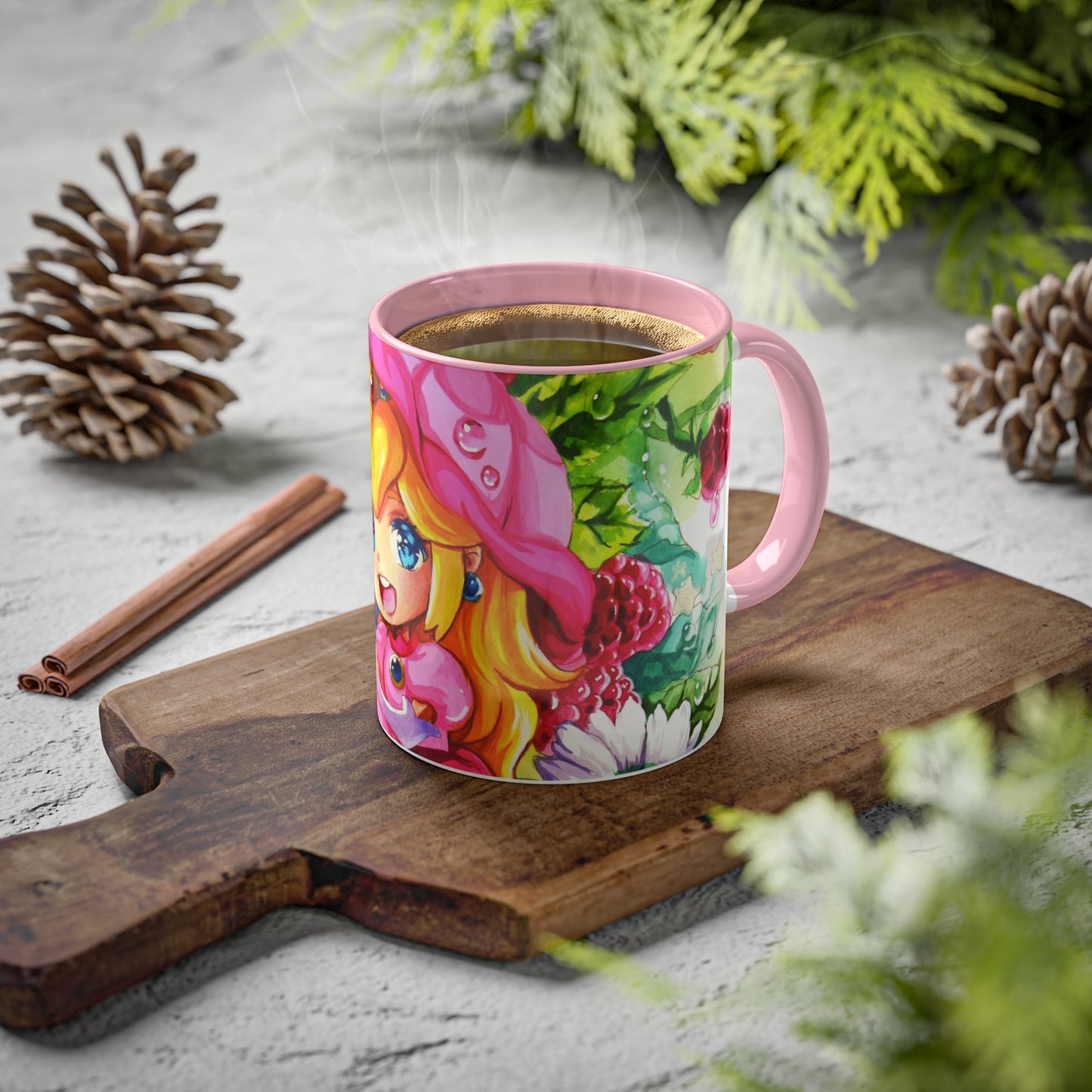 Taza de bebida rosa empolvado