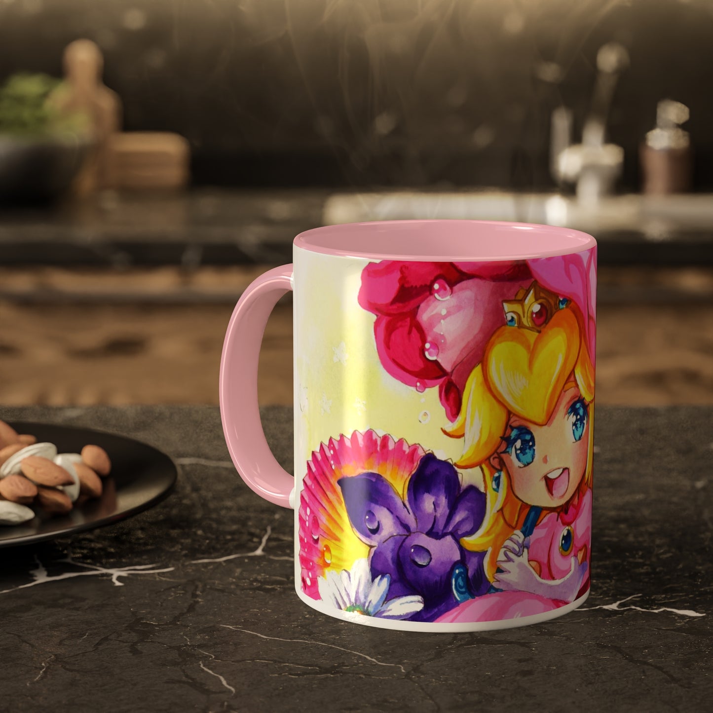 Taza de bebida rosa empolvado