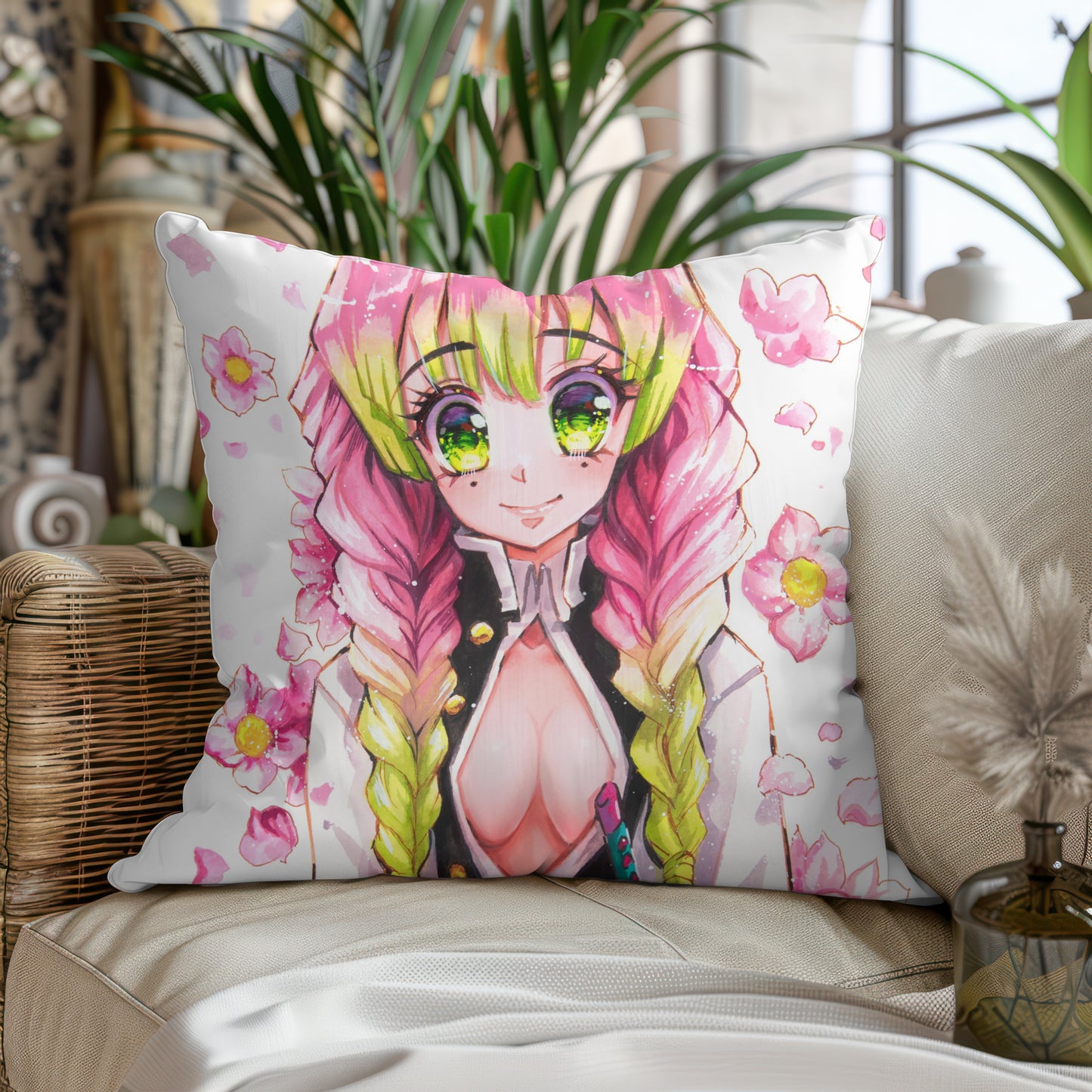 Almohada verde y rosa